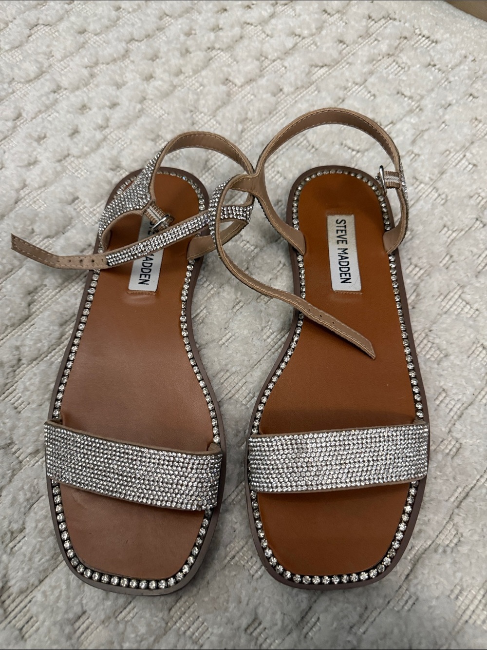 Steve Madden Tan Sandals with Silver Rhinestone Straps
